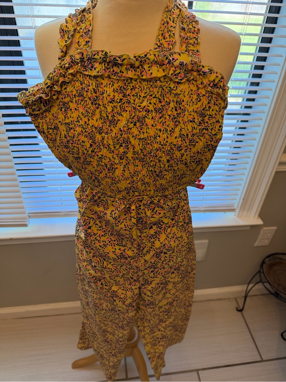 Yellow Floral Halter Romper with Smocked Bodice